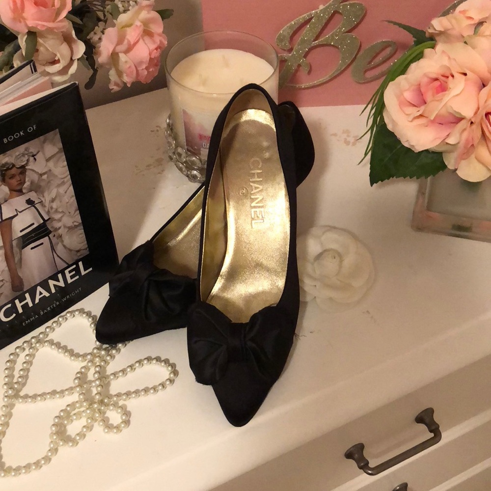 Chanel Black Satin Heels with Bow 36